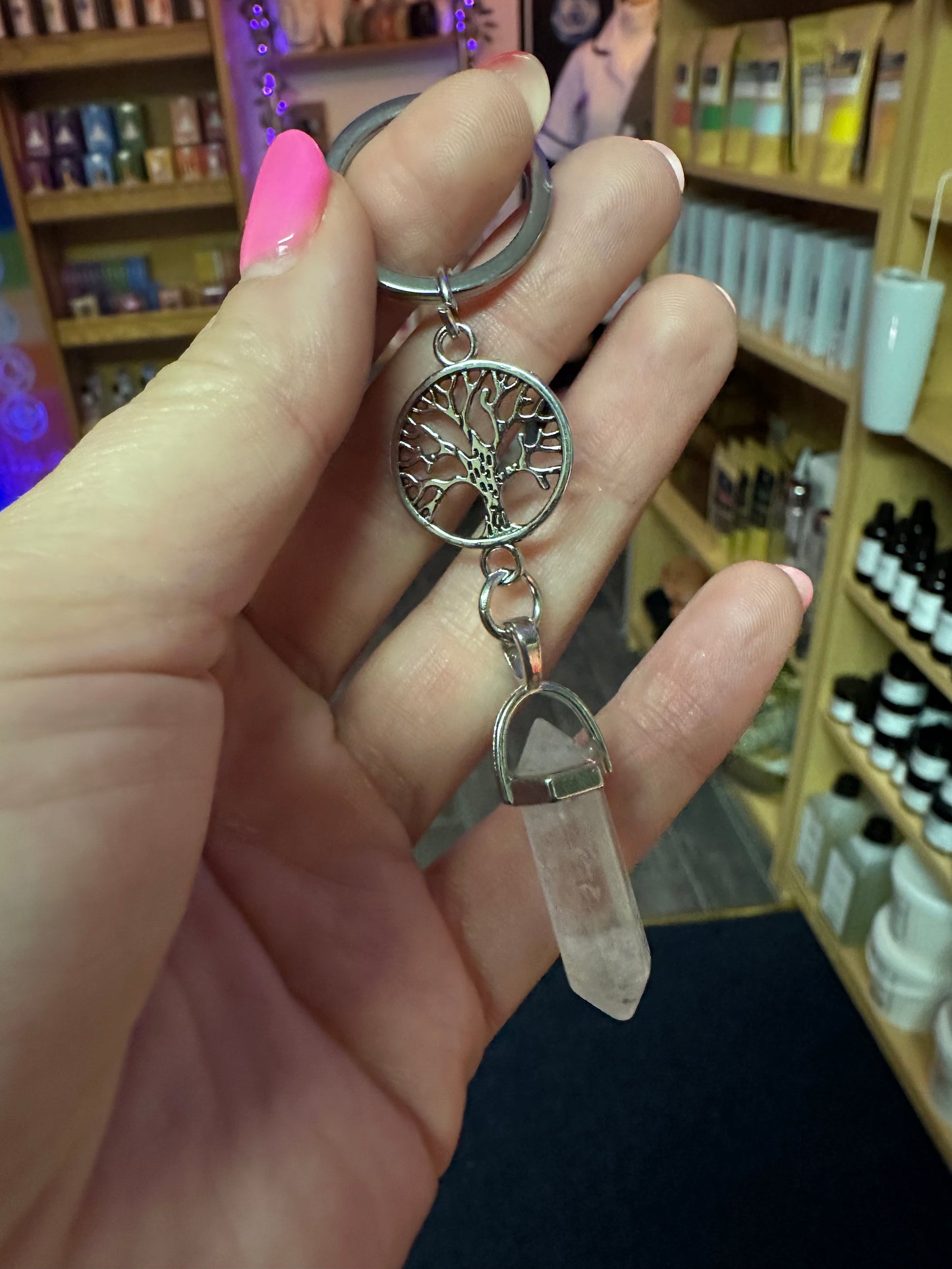 Rose Quartz Tree Of Life Keyring